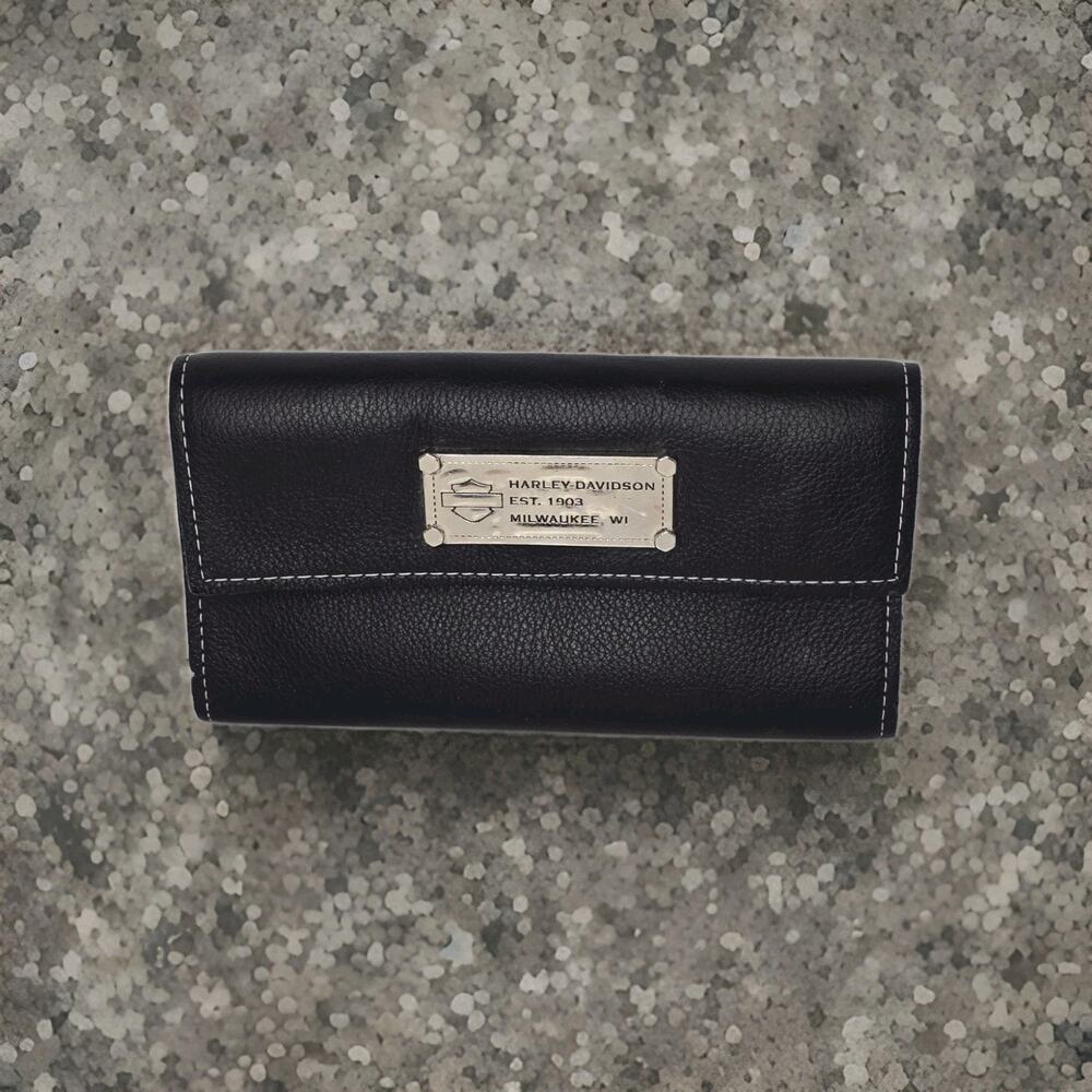 Harley Davidson Black Logo Clutch Leather Logo Wallet C.C. Slots Pocket 7" x 4"